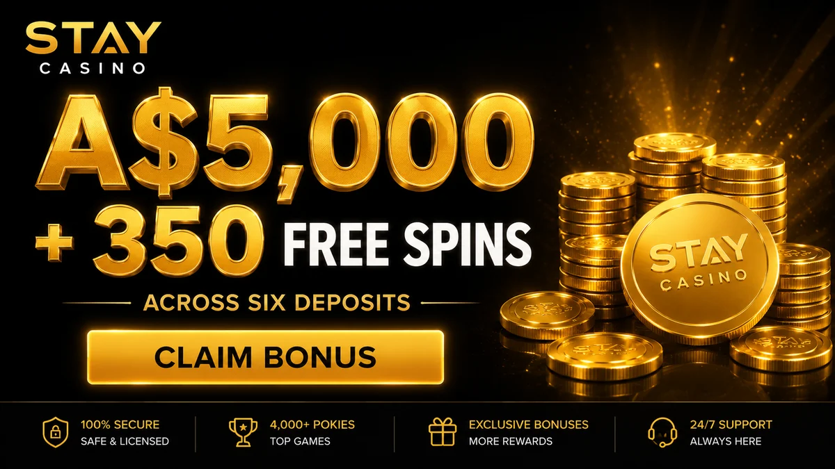 Stay Casino welcome bonus offer showing six-deposit package for Australian players