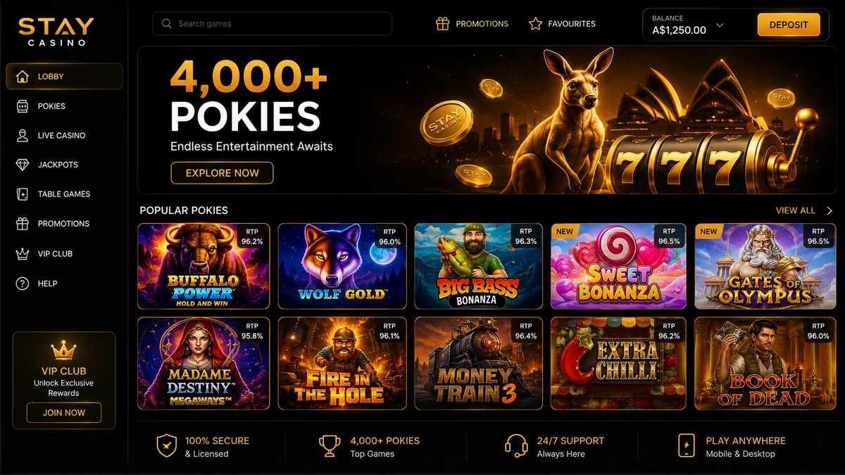 Stay Casino Australia lobby with featured pokies and AUD balance display