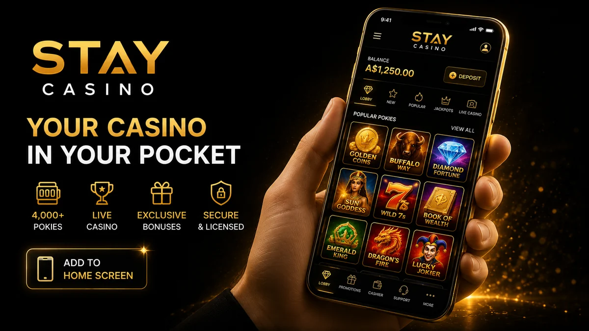 Stay Casino mobile lobby open on an Android phone showing pokies tiles and the cashier button