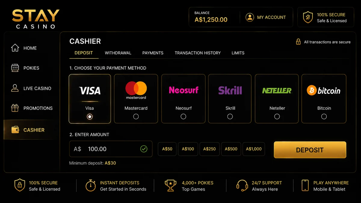 Stay Casino cashier screen showing Australian deposit options including Neosurf, cards and crypto