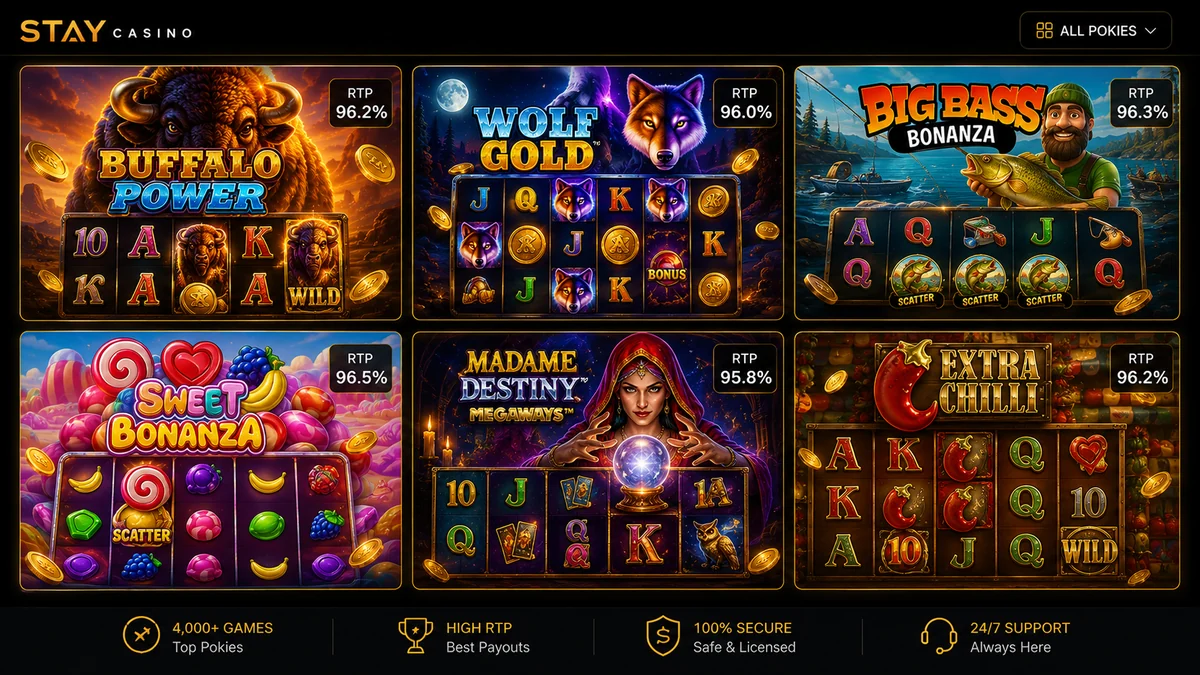 Stay Casino pokies lobby grid with Megaways, jackpot and classic titles for Australian players