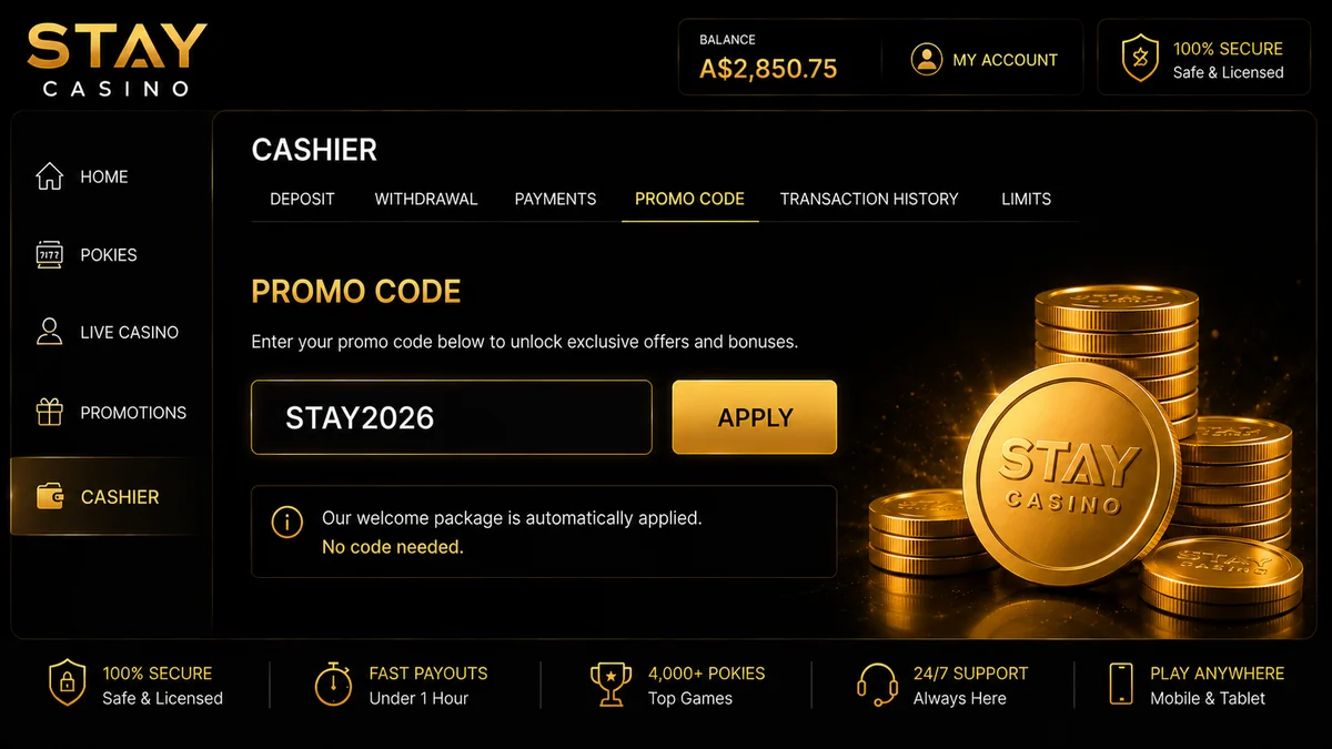 Stay Casino cashier screen showing where the promo code field appears before a deposit is confirmed
