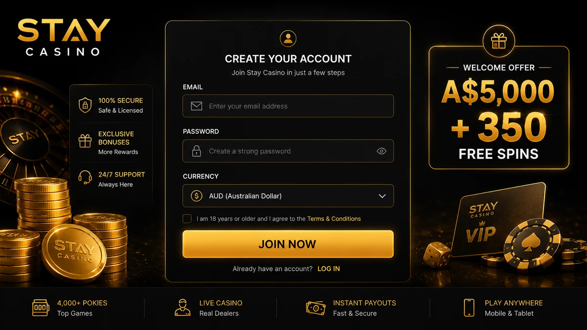 Stay Casino sign-up form showing email, password and AUD currency selection for Australian players