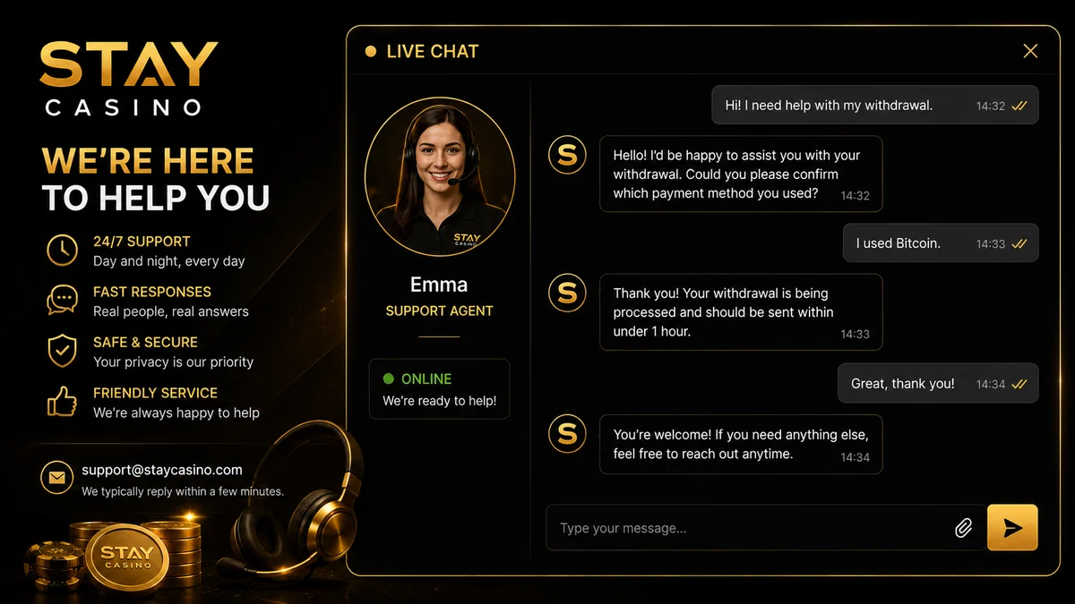 Stay Casino support desk showing live chat and email contact routes for Australian players