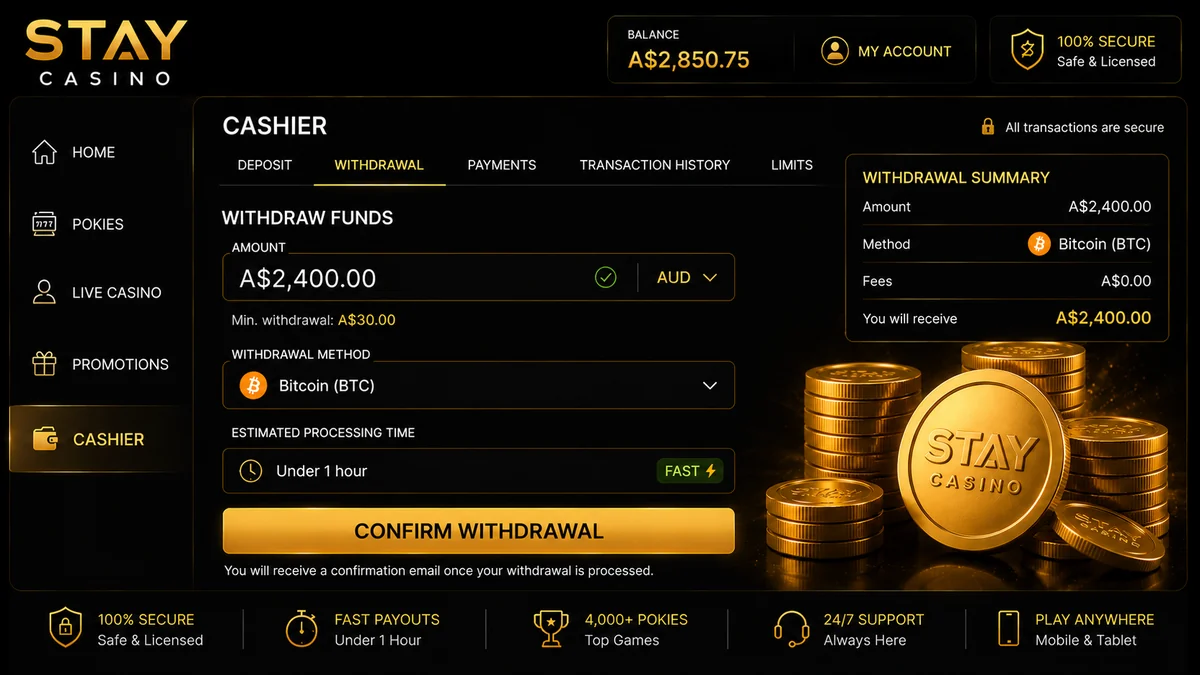 Stay Casino cashier withdrawal screen showing AUD payout methods and limits